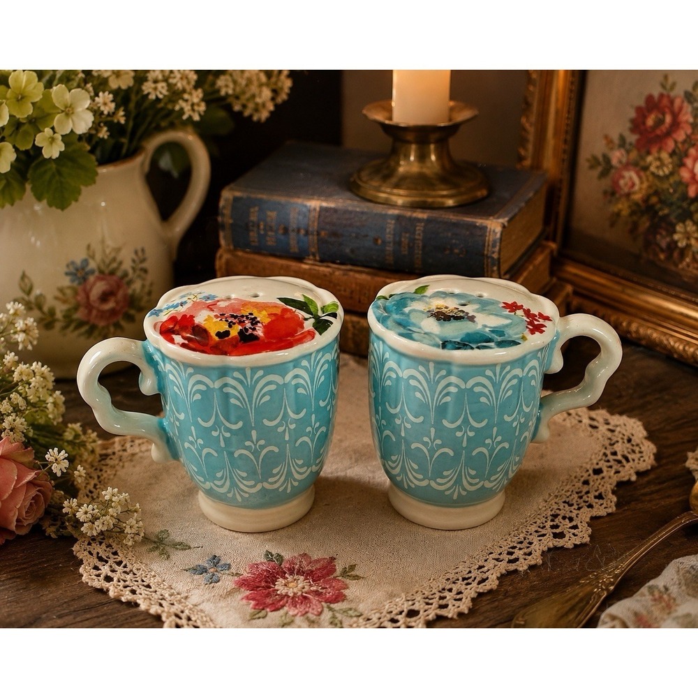 Pioneer Woman Melody Teacup Salt & Pepper Shakers Set 2 Floral Blue Ceramic